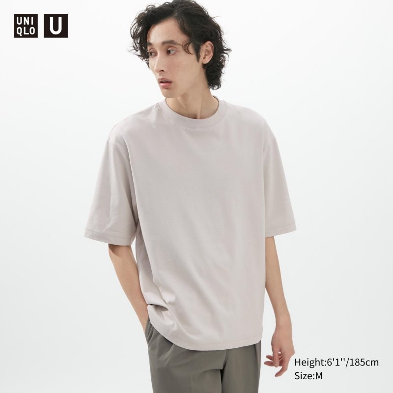 Light Grey Men Uniqlo U Airism Cotton Oversized Crew Neck Half-sleeve T Shirts | USA BCXZQ-0832