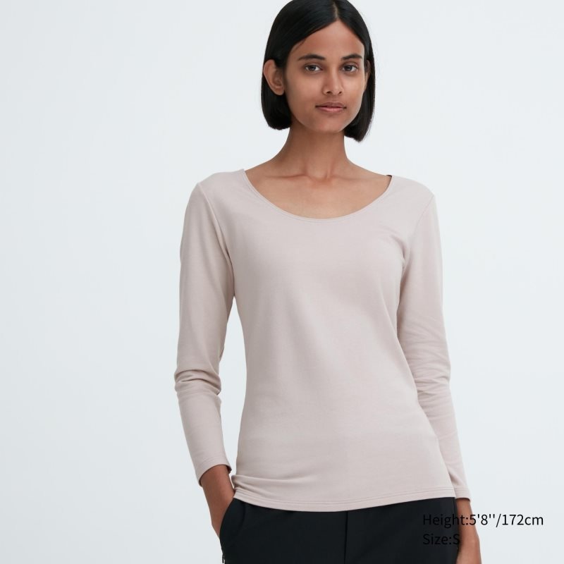 Light Grey Women Uniqlo Heattech Cotton Scoop Neck Long-sleeve (Extra Warm) T Shirts | USA AZCYT-2178