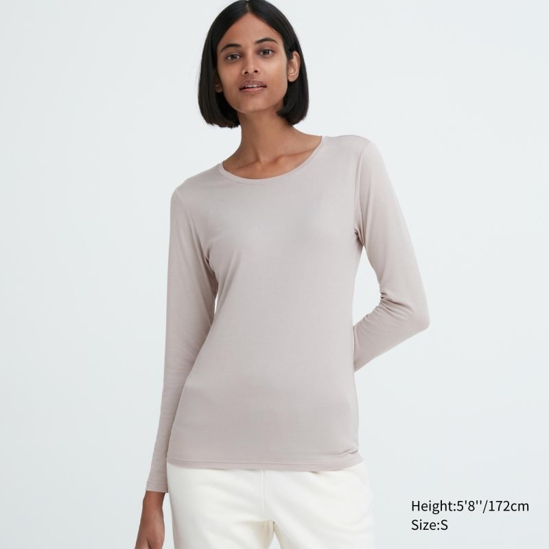 Light Grey Women Uniqlo Heattech Crew Neck Long-sleeve T Shirts | USA DPQWY-6325