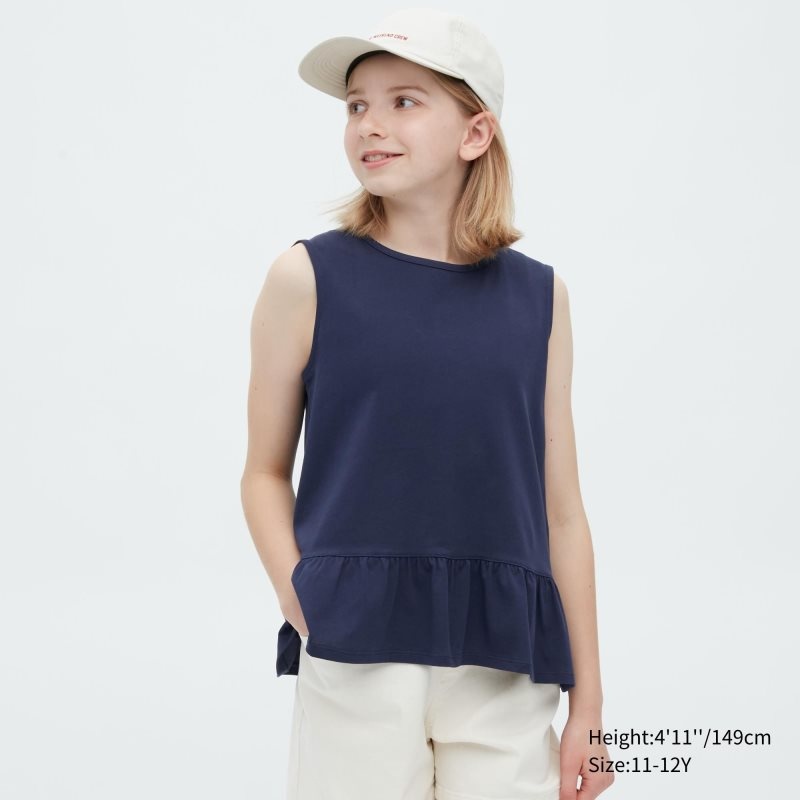 Navy Kids Uniqlo Airism Cotton Frill Sleeveless T Shirts | USA SXBVU-6125