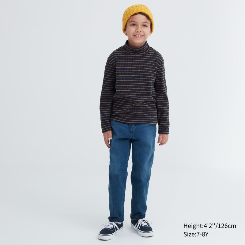 Navy Kids Uniqlo Ribbed Fleece Striped High Neck Long-sleeve T Shirts | USA VQEFK-2485