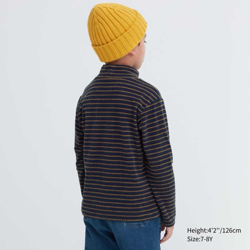 Navy Kids Uniqlo Ribbed Fleece Striped High Neck Long-sleeve T Shirts | USA VQEFK-2485