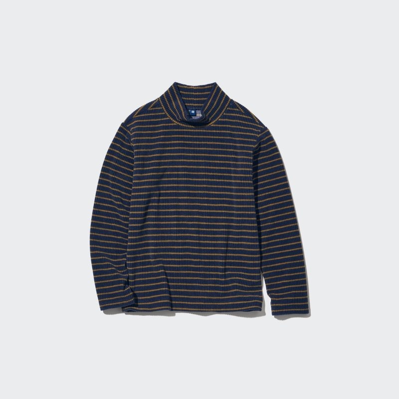 Navy Kids Uniqlo Ribbed Fleece Striped High Neck Long-sleeve T Shirts | USA VQEFK-2485