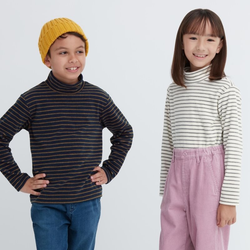 Navy Kids Uniqlo Ribbed Fleece Striped High Neck Long-sleeve T Shirts | USA VQEFK-2485