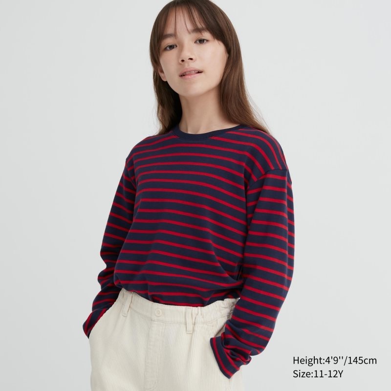 Navy Kids Uniqlo Soft Brushed Striped Crew Neck Long-sleeve T Shirts | USA PNXVM-2147