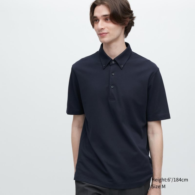 Navy Men Uniqlo Airism Pique Short-sleeve Polo Shirts | USA ITCVF-5826