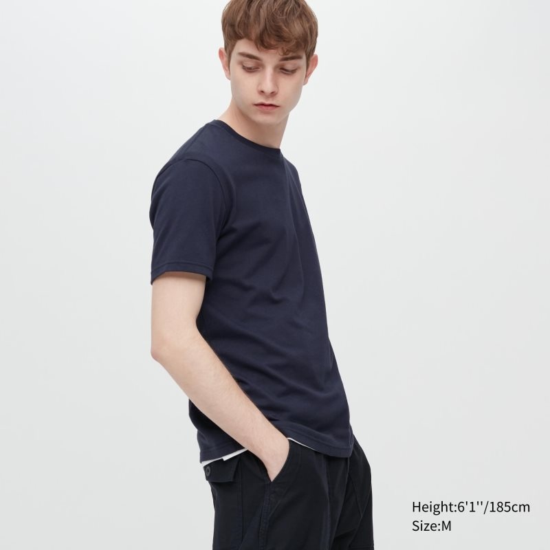 Navy Men Uniqlo Dry Crew Neck Short-sleeve Color T Shirts | USA VEBPX-9240