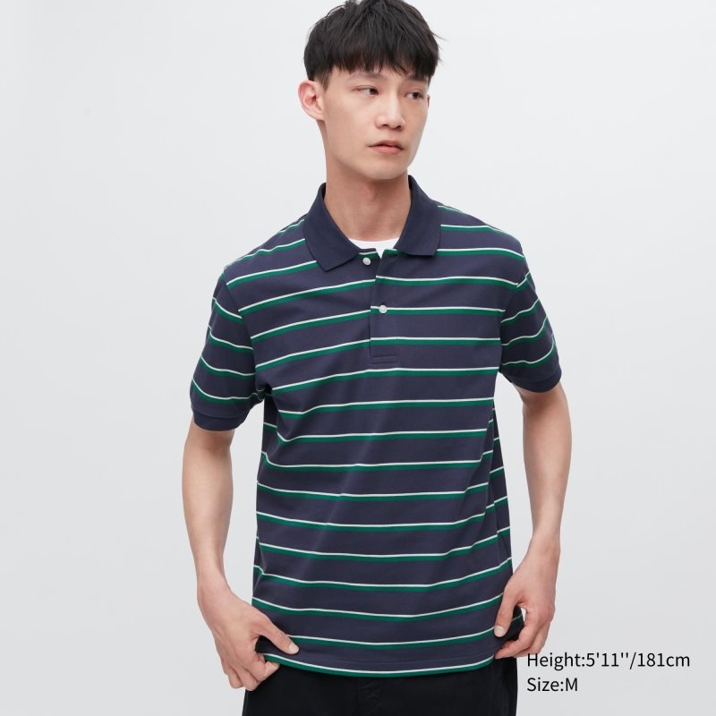 Navy Men Uniqlo Dry Pique Striped Short-sleeve Polo Shirts | USA LGICY-5076