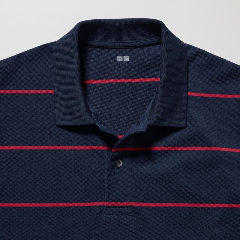 Navy Men Uniqlo Dry Pique Striped Short-sleeve Polo Shirts | USA PDJBN-4703