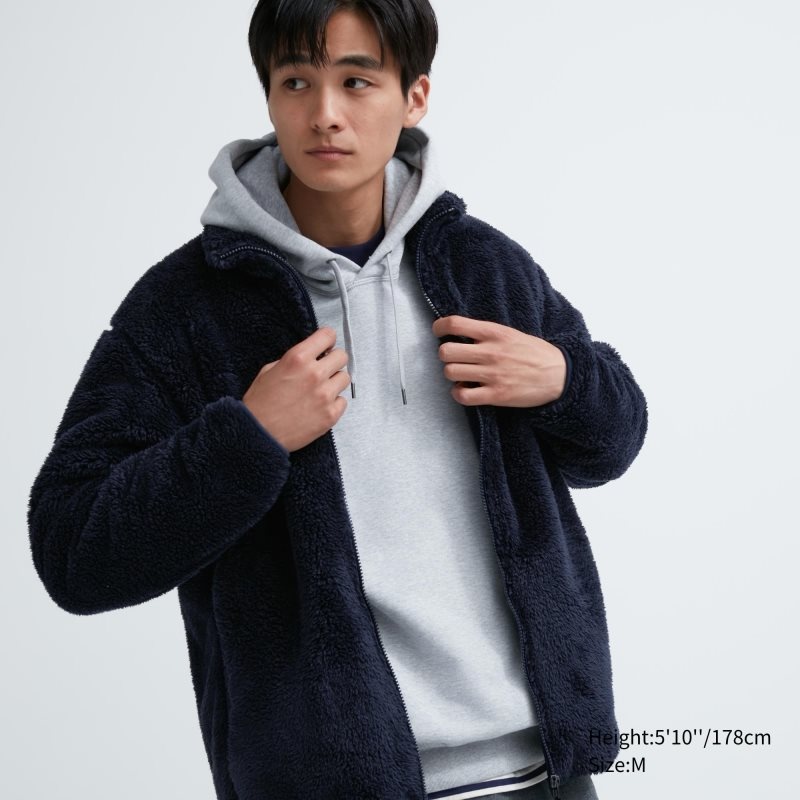 Navy Men Uniqlo Fluffy Yarn Fleece Full-zip Jackets | USA ANDBU-4250