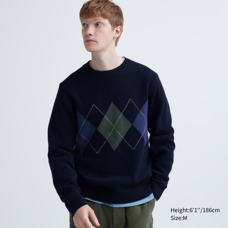 Navy Men Uniqlo Premium Lambswool Crew Neck Long-sleeve Sweaters | USA QWFRL-0425