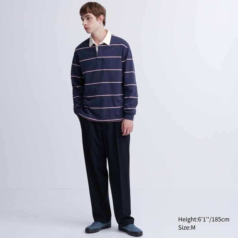 Navy Men Uniqlo Rugger Long-sleeve Polo Shirts | USA SFECL-5426