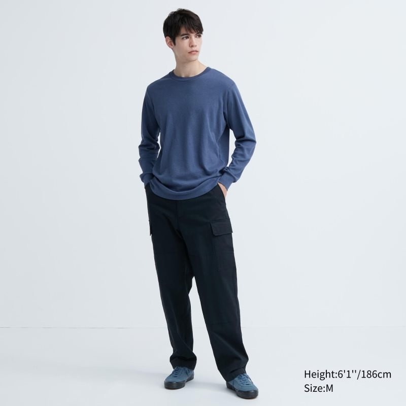 Navy Men Uniqlo Soft Brushed Crew Neck Long-sleeve T Shirts | USA WYDCO-4139