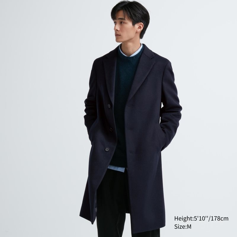 Navy Men Uniqlo Wool Cashmere Chesterfield Coats | USA OYPAT-0341