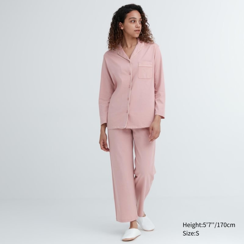 Navy Women Uniqlo Airism Cotton Long-sleeve Pajamas | USA IOWBL-7016