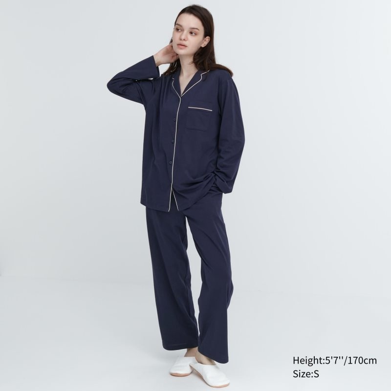 Navy Women Uniqlo Airism Cotton Long-sleeve Pajamas | USA IOWBL-7016