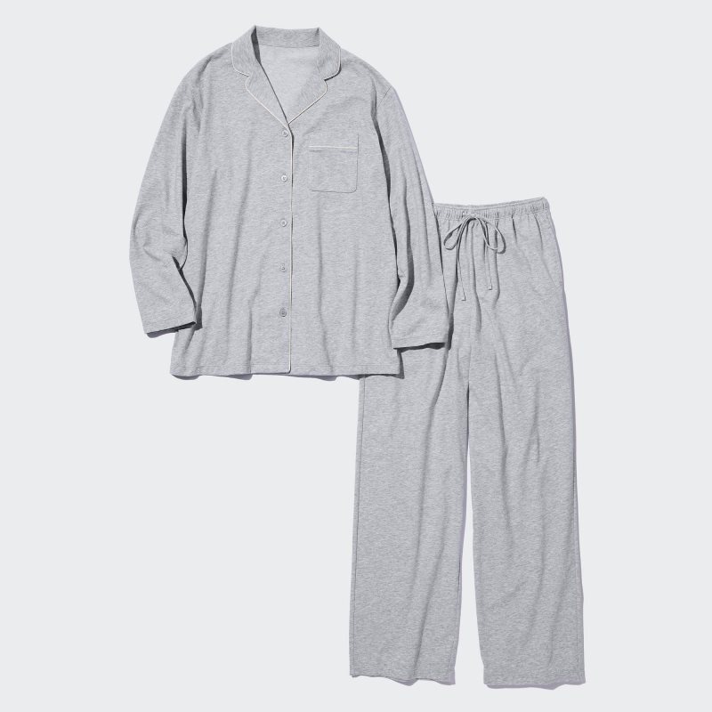 Navy Women Uniqlo Airism Cotton Long-sleeve Pajamas | USA OKGCV-3475