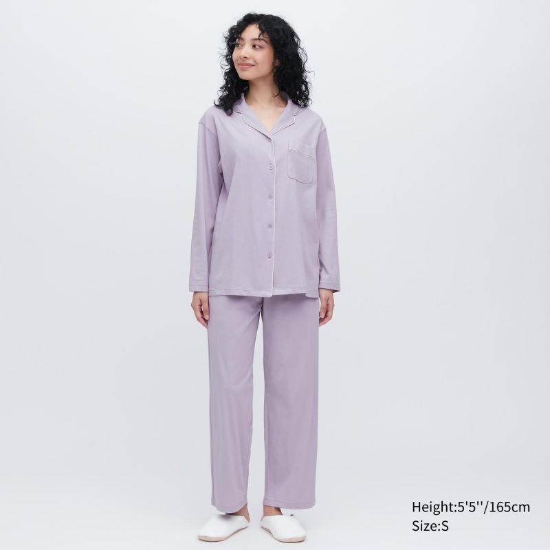 Navy Women Uniqlo Airism Cotton Long-sleeve Pajamas | USA OKGCV-3475