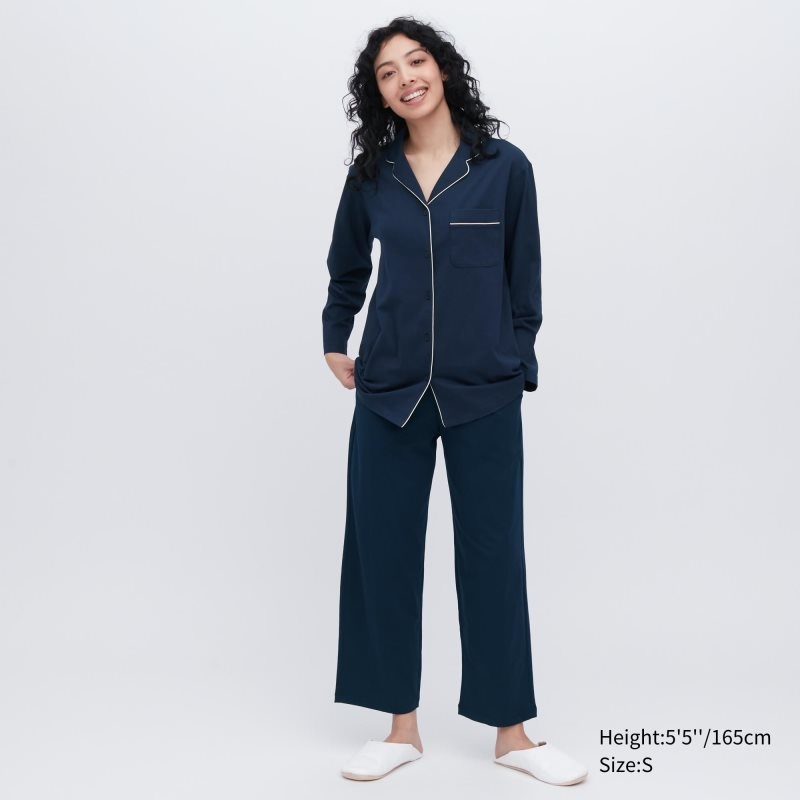 Navy Women Uniqlo Airism Cotton Long-sleeve Pajamas | USA OKGCV-3475