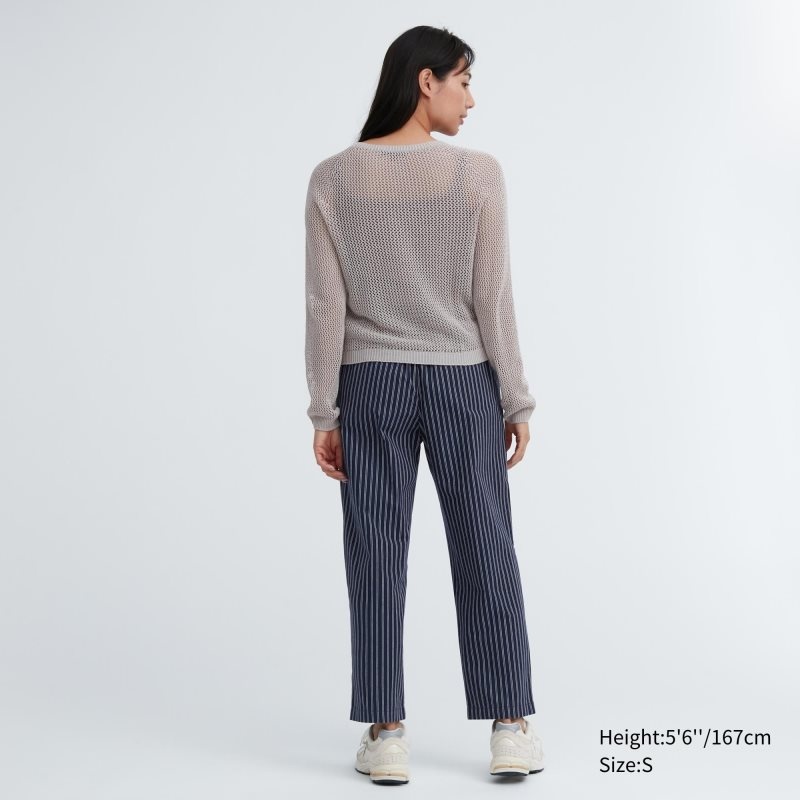 Navy Women Uniqlo Cotton Striped Relaxed Ankle Pants | USA IKTXU-8519