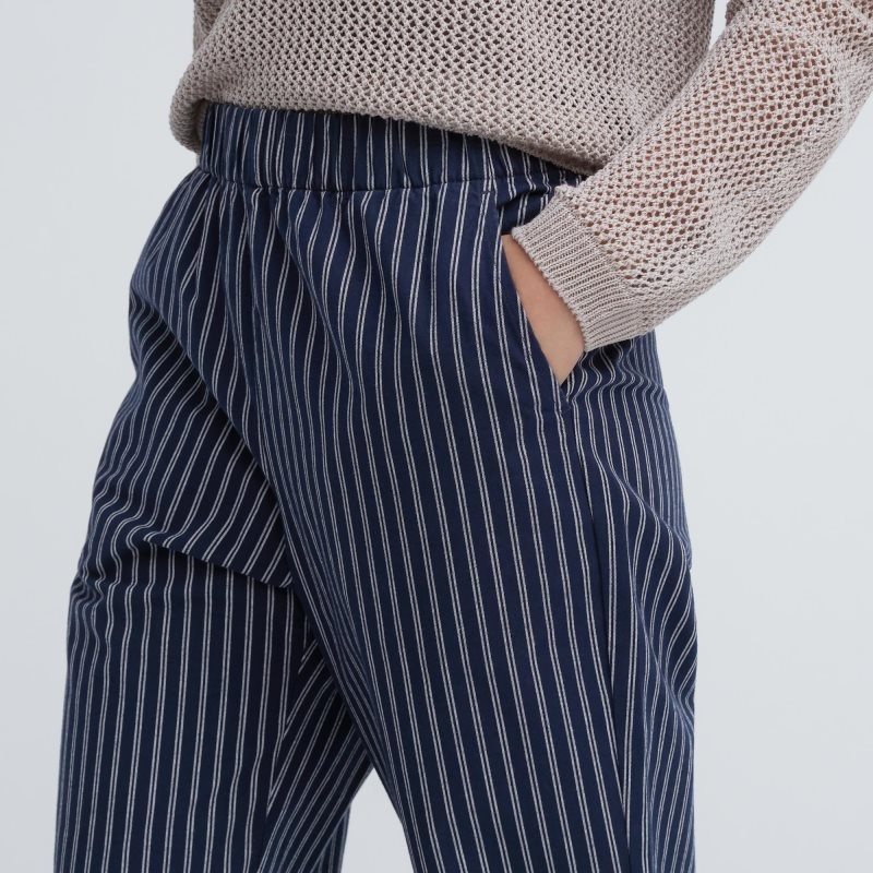 Navy Women Uniqlo Cotton Striped Relaxed Ankle Pants | USA IKTXU-8519