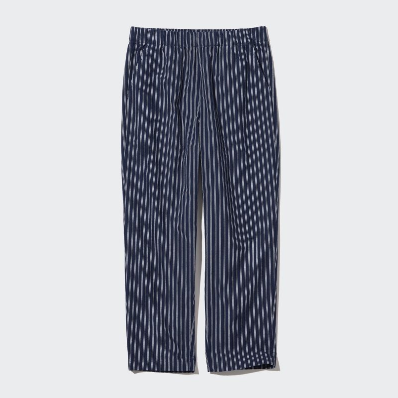 Navy Women Uniqlo Cotton Striped Relaxed Ankle Pants | USA IKTXU-8519