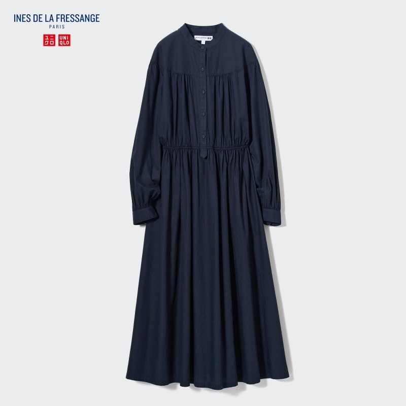 Navy Women Uniqlo Cotton Twill Volume Sleeve Long (Ines De La Fressange) Dress | USA NDUSC-4372