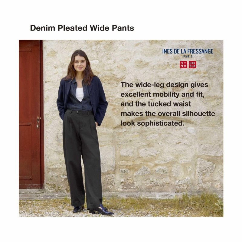 Navy Women Uniqlo Denim Pleated Wide Pants | USA RJWAS-7259