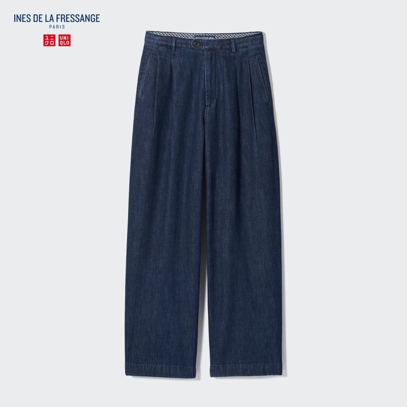 Navy Women Uniqlo Denim Pleated Wide Pants | USA RJWAS-7259