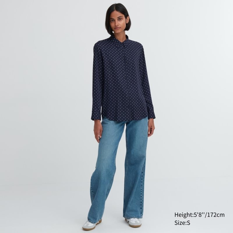 Navy Women Uniqlo Rayon Printed Long-sleeve Blouse | USA VFZPY-8154