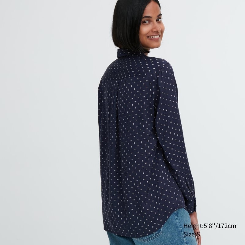 Navy Women Uniqlo Rayon Printed Long-sleeve Blouse | USA VFZPY-8154