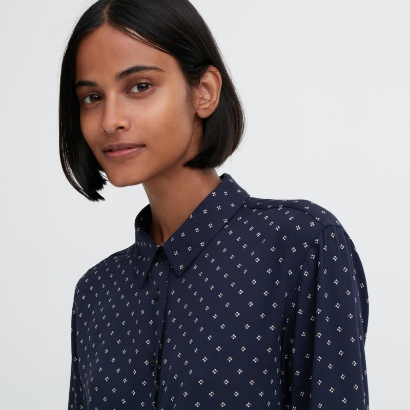 Navy Women Uniqlo Rayon Printed Long-sleeve Blouse | USA VFZPY-8154