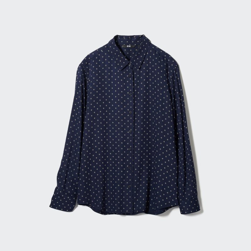 Navy Women Uniqlo Rayon Printed Long-sleeve Blouse | USA VFZPY-8154