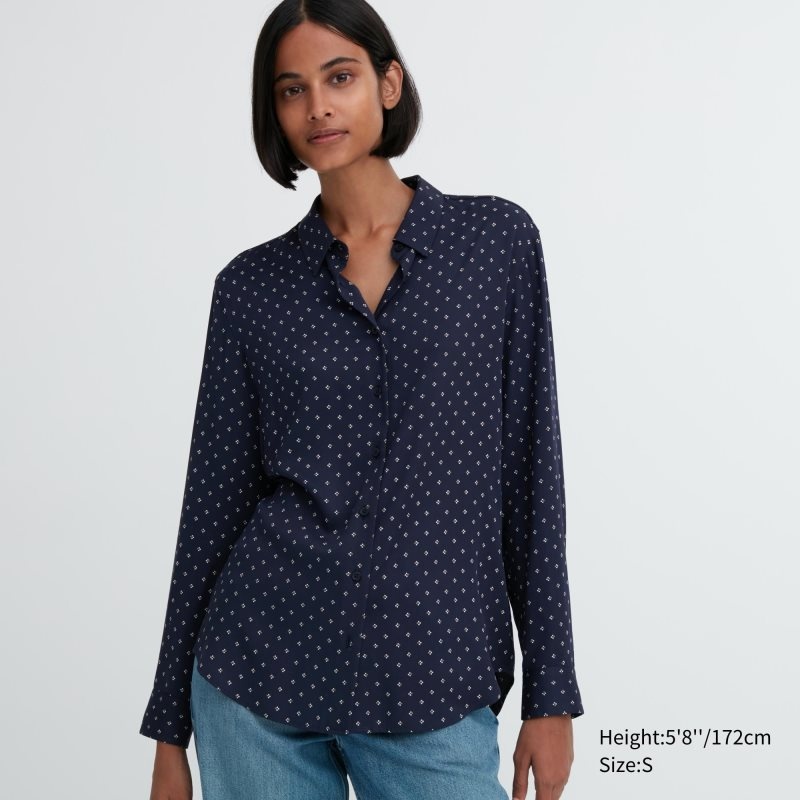 Navy Women Uniqlo Rayon Printed Long-sleeve Blouse | USA VFZPY-8154