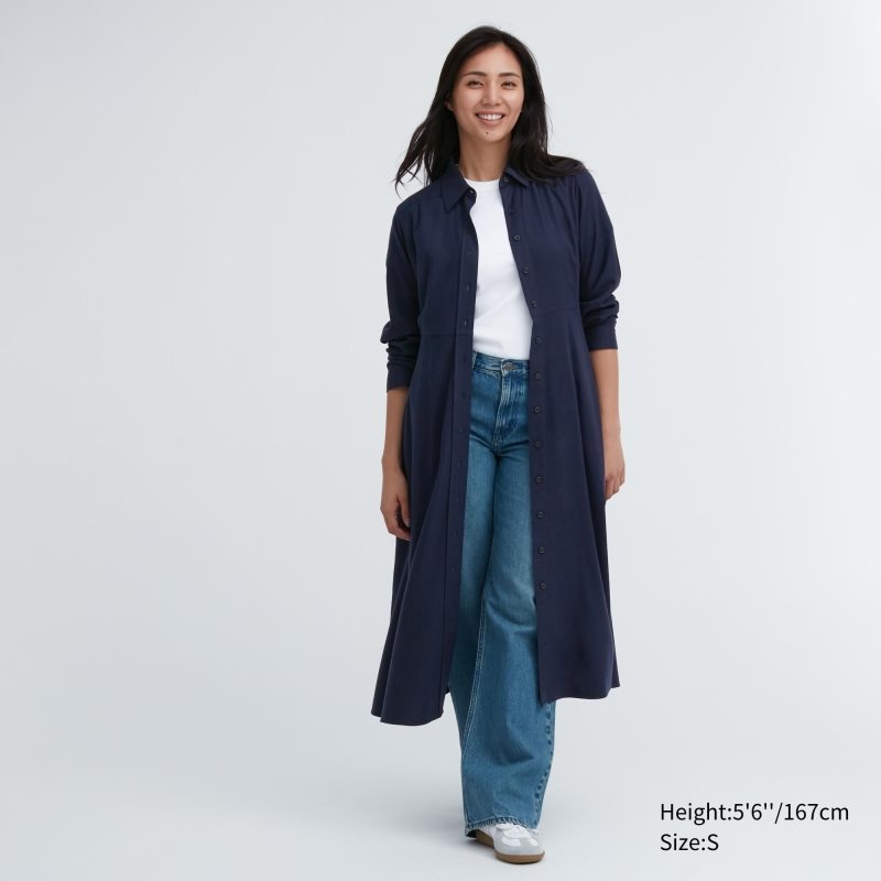 Navy Women Uniqlo Soft Brushed Long-sleeve Shirt Dress | USA RGMDI-8176