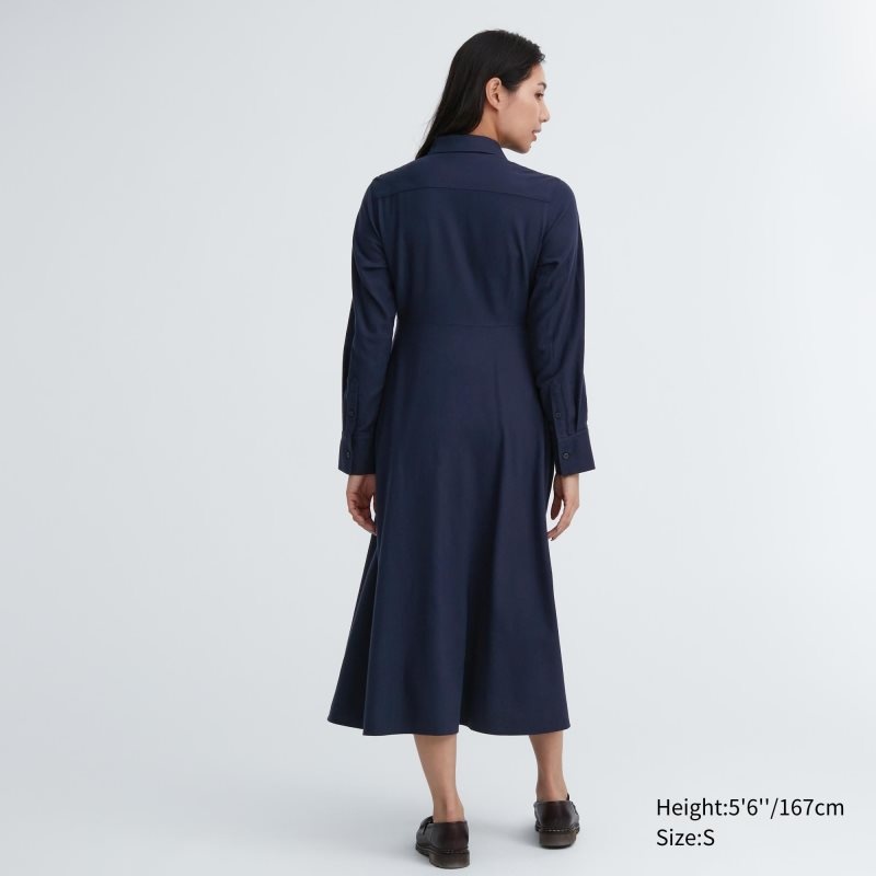 Navy Women Uniqlo Soft Brushed Long-sleeve Shirt Dress | USA RGMDI-8176