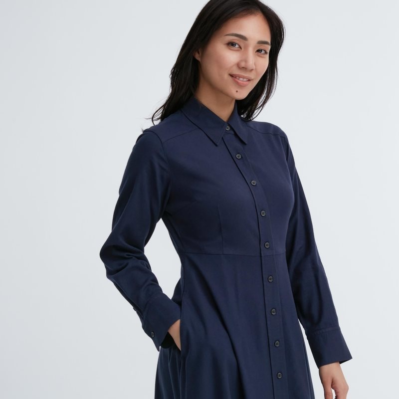 Navy Women Uniqlo Soft Brushed Long-sleeve Shirt Dress | USA RGMDI-8176