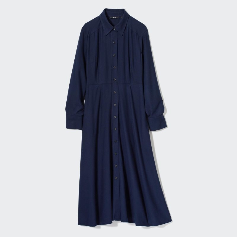 Navy Women Uniqlo Soft Brushed Long-sleeve Shirt Dress | USA RGMDI-8176