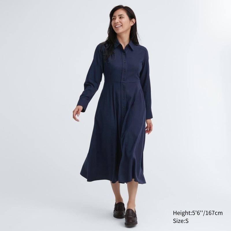 Navy Women Uniqlo Soft Brushed Long-sleeve Shirt Dress | USA RGMDI-8176