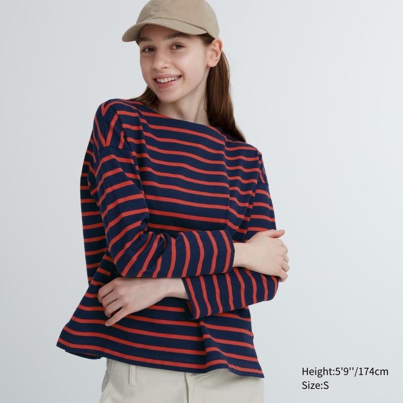 Navy Women Uniqlo Striped Long Sleeve T Shirts | USA TKBYG-3286