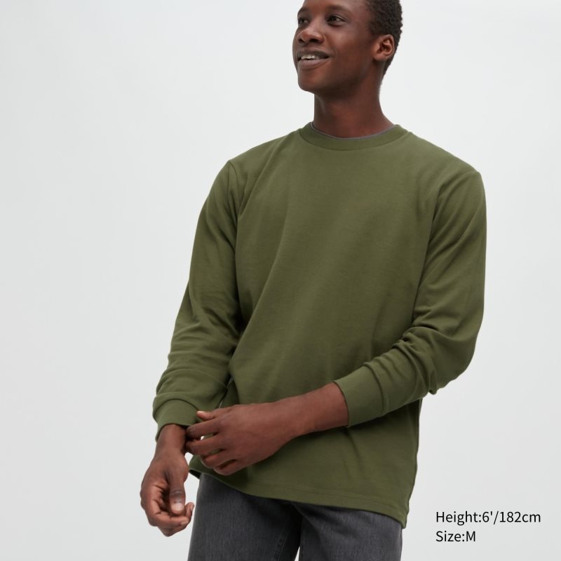 Olive Men Uniqlo Brushed Cotton Crew Neck Long-sleeve T Shirts | USA WRBKD-3672