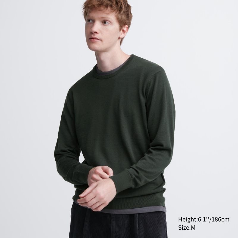 Olive Men Uniqlo Extra Fine Merino Crew Neck Sweaters | USA NCDFP-2671