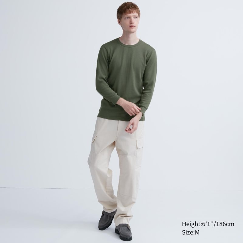 Olive Men Uniqlo Heattech Cotton Waffle Crew Neck (Extra Warm) T Shirts | USA MJAIS-4091