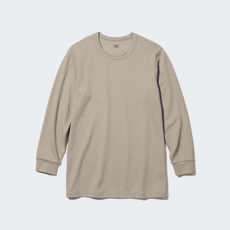 Olive Men Uniqlo Heattech Cotton Waffle Crew Neck (Extra Warm) T Shirts | USA MJAIS-4091