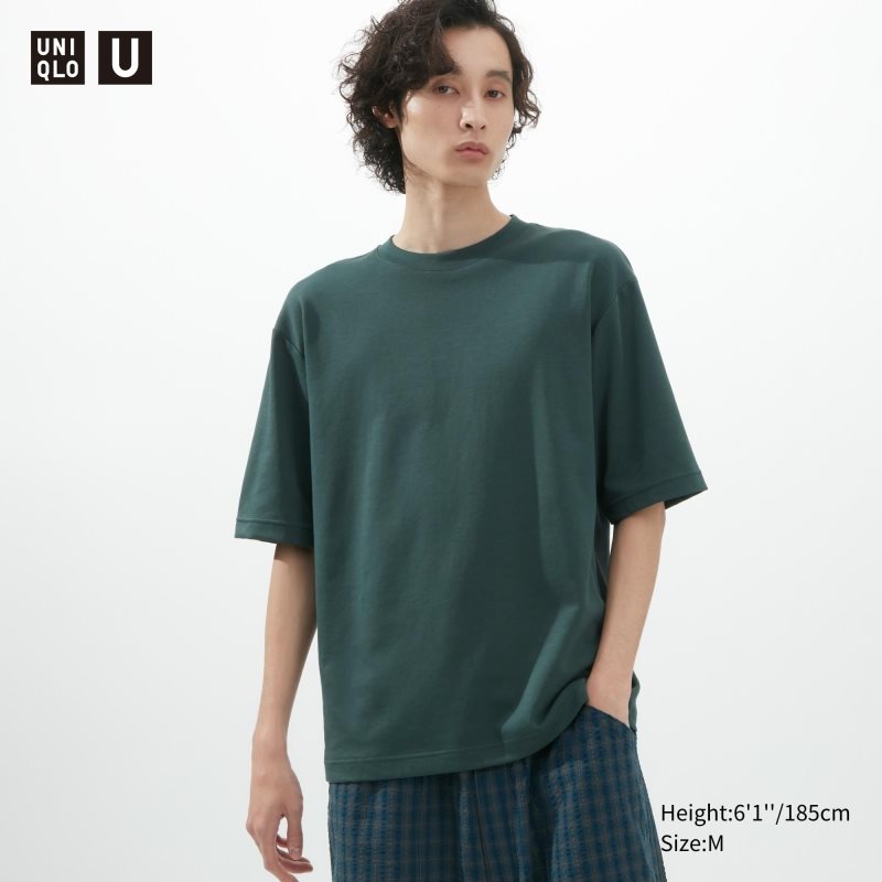 Olive Men Uniqlo U Airism Cotton Oversized Crew Neck Half-sleeve T Shirts | USA ZYNLQ-8074