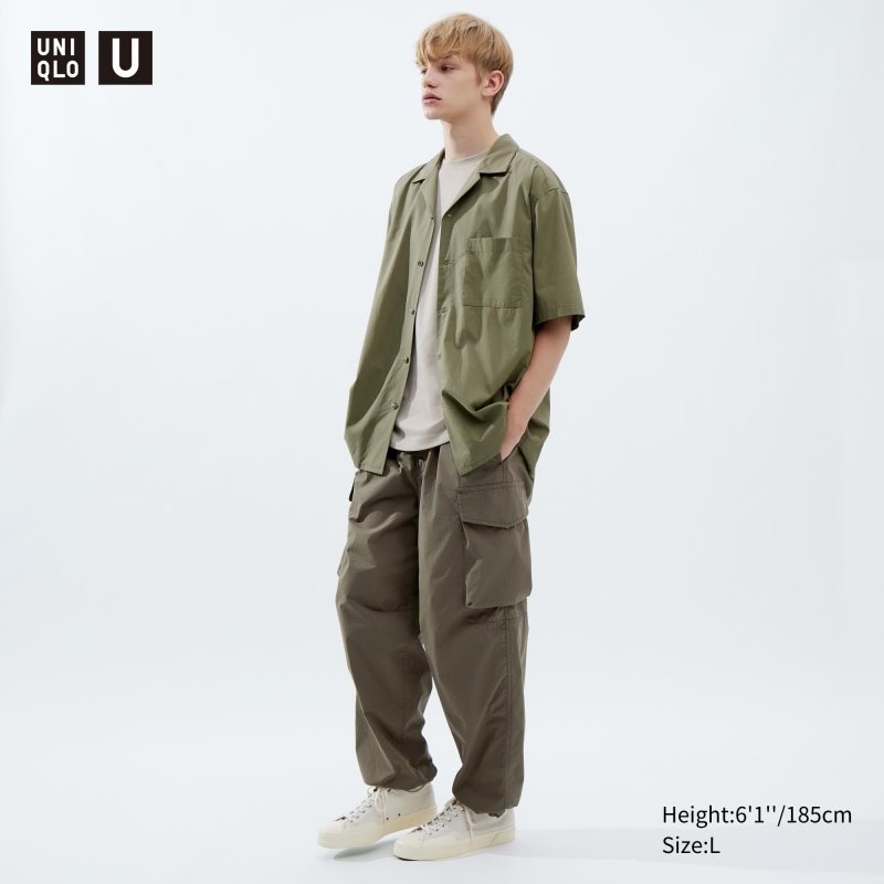 Olive Men Uniqlo U Wide-fit Parachute Cargo Pants | USA VQGLC-0794