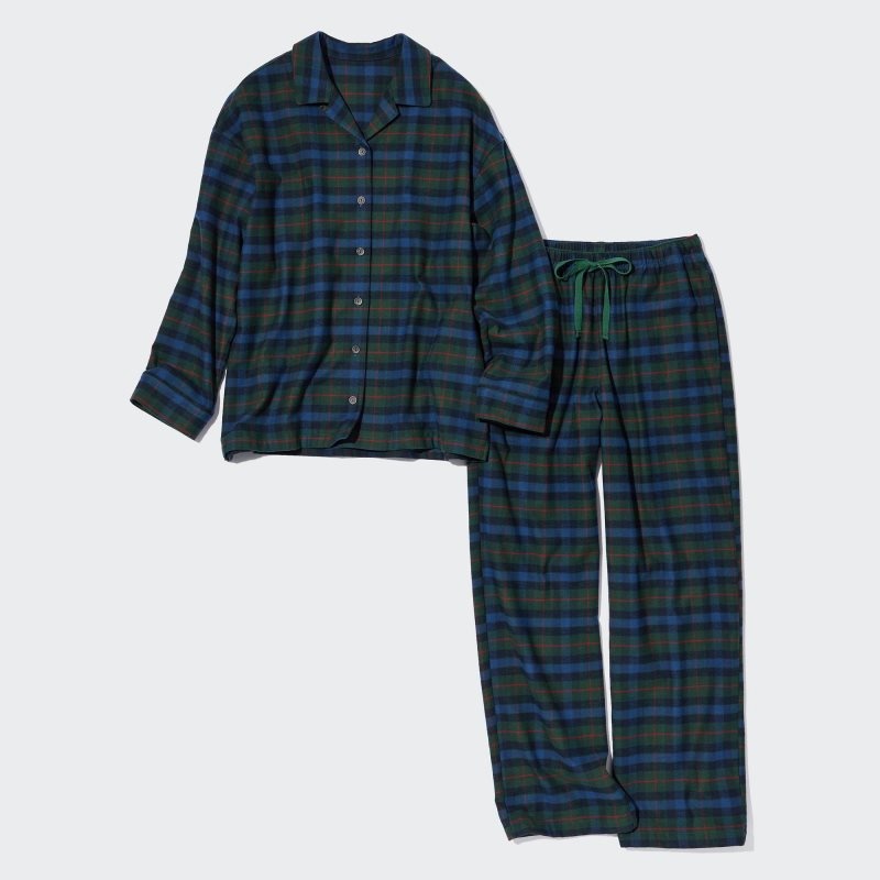 Olive Women Uniqlo Flannel Long-sleeve Pajamas | USA ILQAR-8594