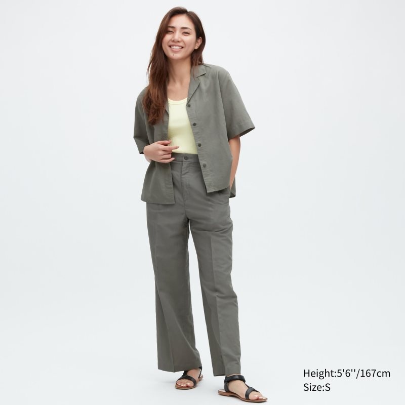 Olive Women Uniqlo Linen Blend Tucked Wide Pants | USA IZUPM-0736