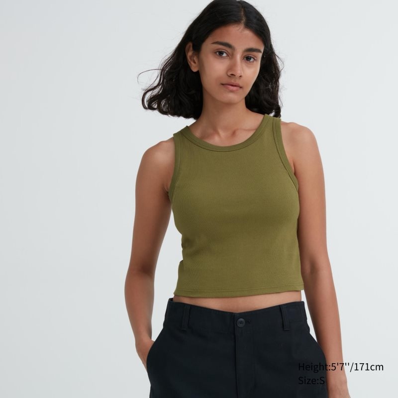 Olive Women Uniqlo Ribbed Cropped Sleeveless Bras | USA LSNFT-7396