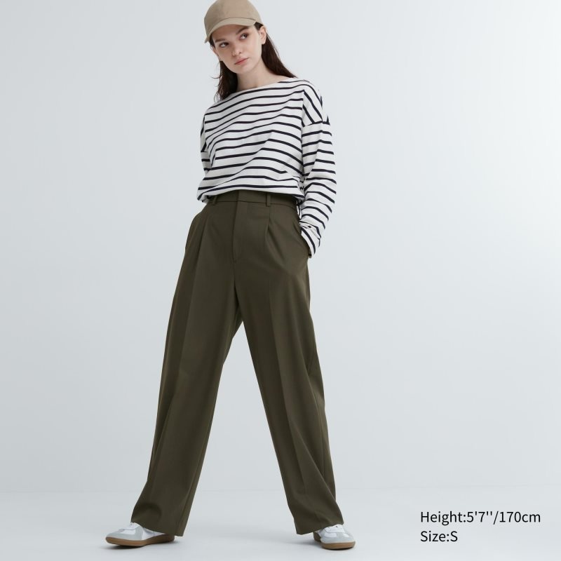 Olive Women Uniqlo Wide-fit Pleated Pants | USA FPNBE-9527